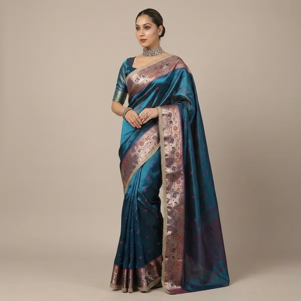 Ruhani_Tissue_Paithani_Saree_Floral_Meena_Border_With_Choch_Lace_Attached_Firozi