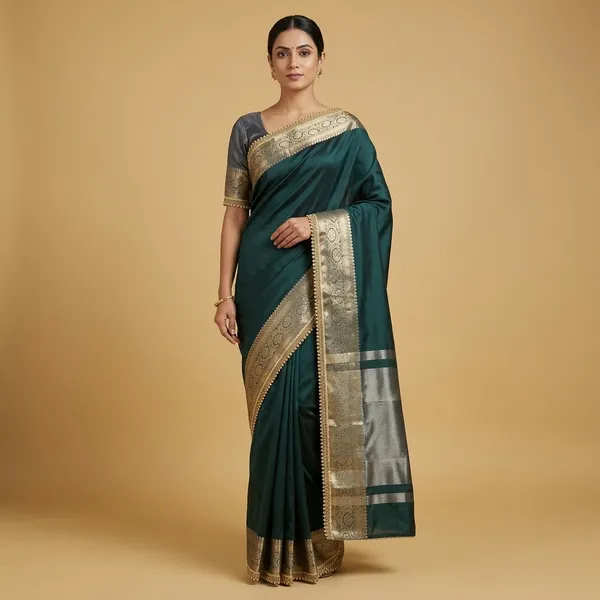 Soft_Silk_Border_Saree_With_Premium_Moti_Lace_Attached_In_Dark_Green