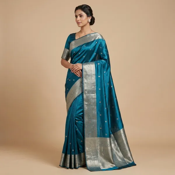 Tissue_Booty_Saree_With_Stone_Work_Overall_Body_With_Fine_Lace_Attached_In_Firozi_Color