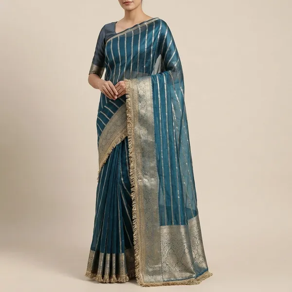 Tissue_Mohmaya_Maharani_Stripe_Firozi_Tissue_Silk_Saree_All_Over_With_Double_Lace_Attached