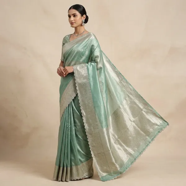 Tissue_Saundari_Vastra_Phool_Kaat_Baan_Saree_Mahrani_Collection_C_Green_With_Wavy_Lace_Attached