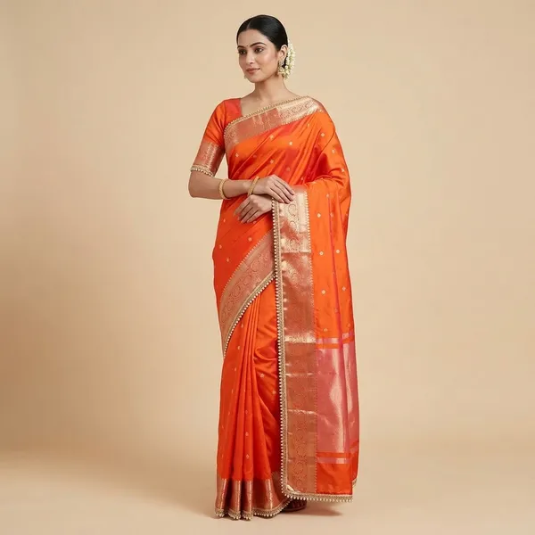 Soft_Silk_Mohmaya_Maharani_Orange_Saree_Booty_With_Moti_Lace_Attached