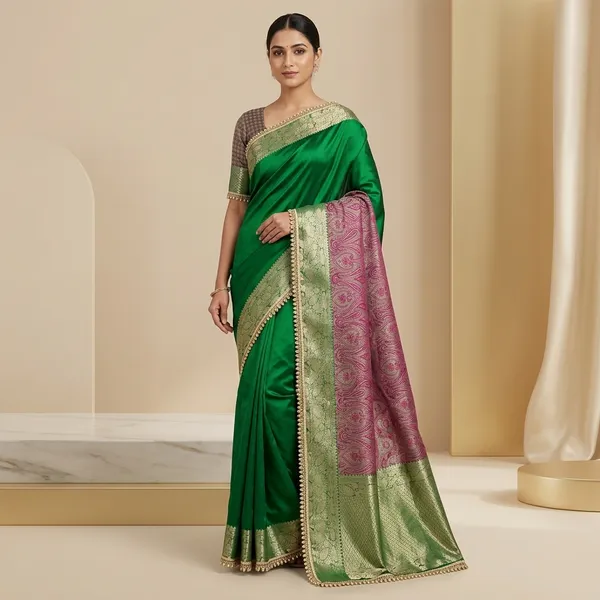 Exclusive_Pashmina_Tissue_Kaat_Baand_Banarasi_Saree_In_Green_With_Moti_Lace_Attached