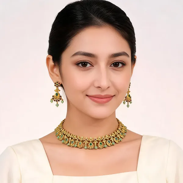 Gold_Tone_Multicolour_Stone_Peacock_Choker_Necklace_Set_For_Women