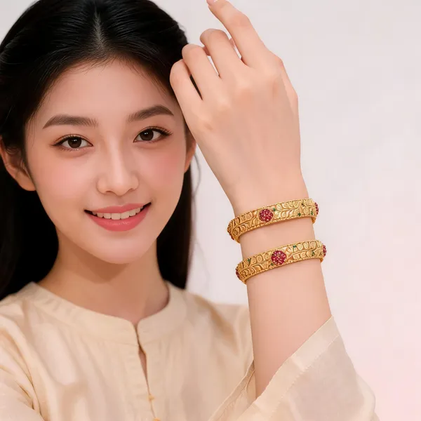 Gold_Tone_Floral_Openwork_Stone_Bangles_For_Women