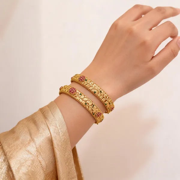 Gold_Tone_Floral_Openwork_Stone_Bangles_For_Women