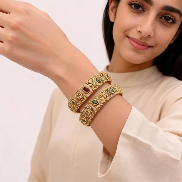 Gold_Tone_Scrollwork_Green_Pink_Stone_Bangles_For_Women