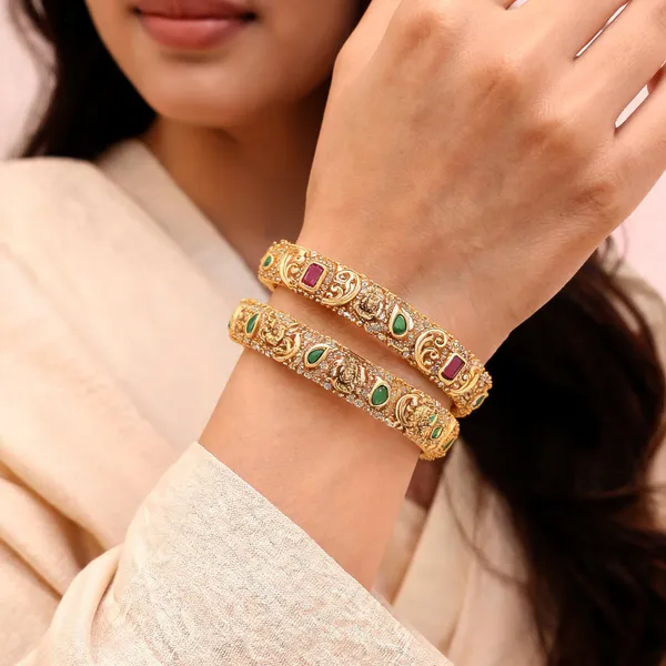 Gold_Tone_Scrollwork_Green_Pink_Stone_Bangles_For_Women