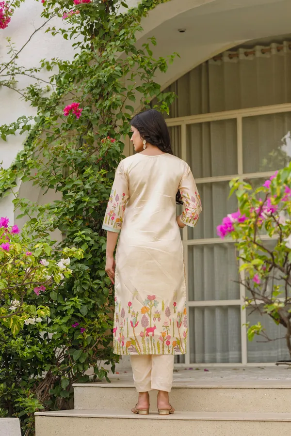 Cream_Viscose_Assam_Silk_Straight_Kurta_Set_For_Women