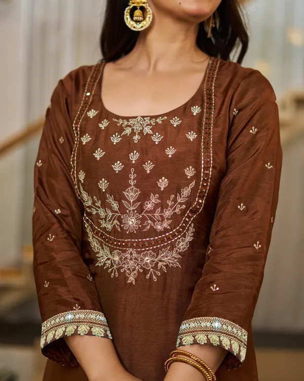 Brown_Vichitra_Silk_Embroidered_Straight_Kurta_Set_For_Women