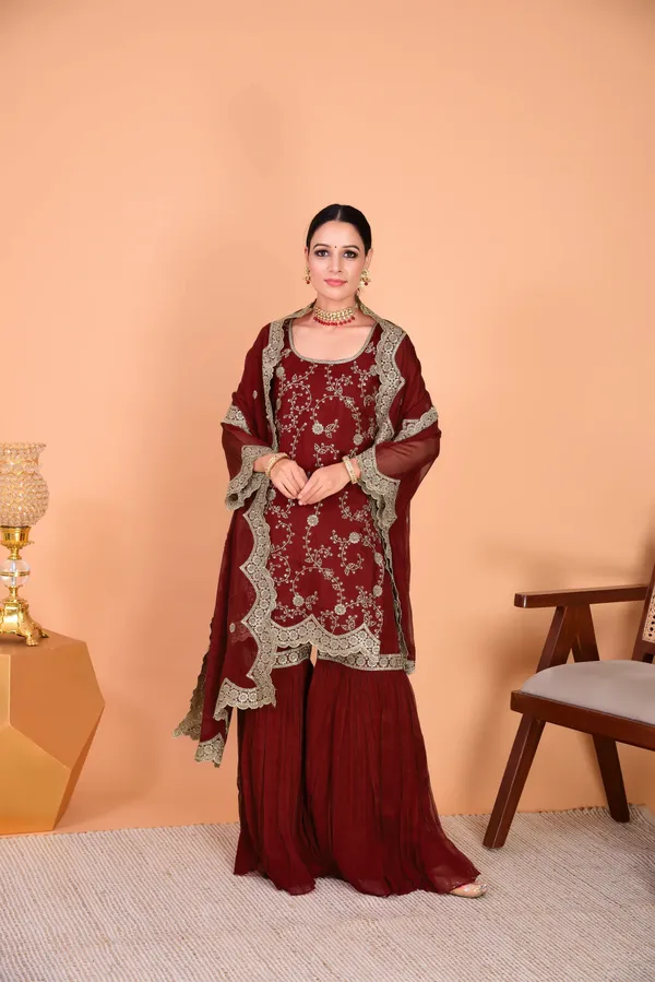 Maroon_Faux_Georgette_Embroidered_Sharara_Suit_Set_For_Women