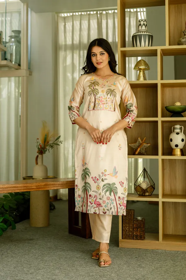 Cream_Viscose_Assam_Silk_Printed_Straight_Kurta_Set_For_Women