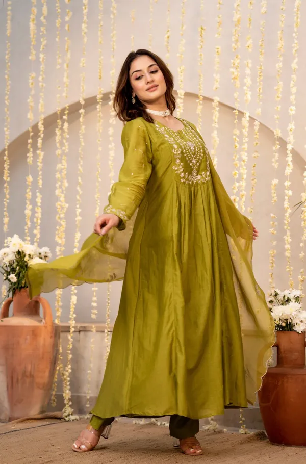 Olive_Chanderi_Silk_Embroidered_Anarkali_Kurta_Set_For_Women
