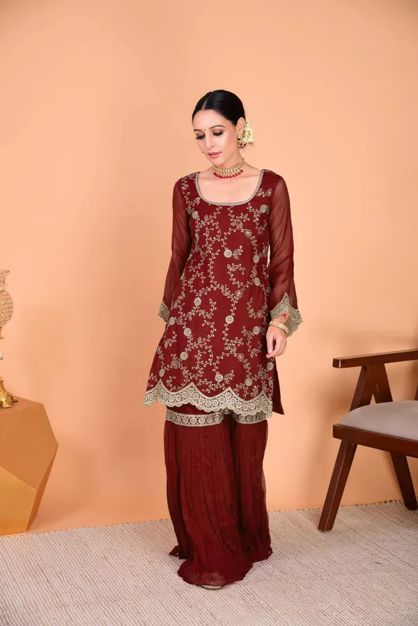 Maroon_Faux_Georgette_Embroidered_Sharara_Suit_Set_For_Women