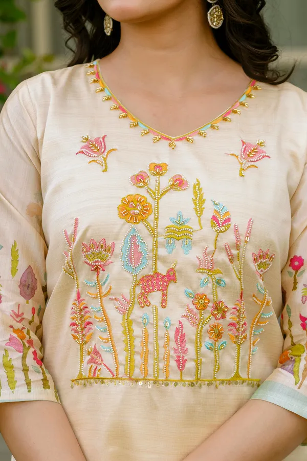 Cream_Viscose_Assam_Silk_Straight_Kurta_Set_For_Women