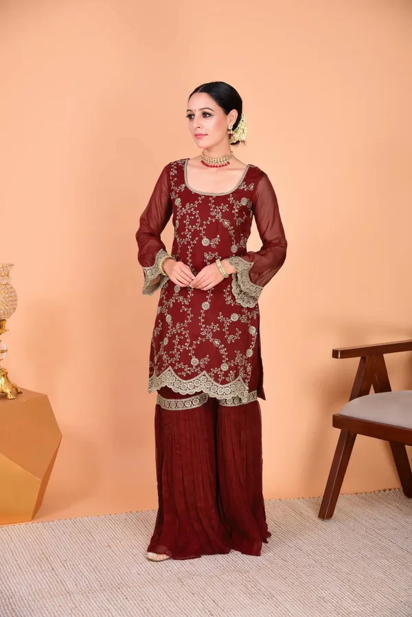 Maroon_Faux_Georgette_Embroidered_Sharara_Suit_Set_For_Women
