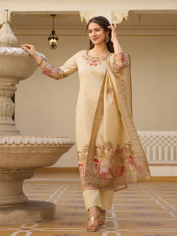 Beige_Viscose_Assam_Silk_Printed_Straight_Kurta_Set_For_Women