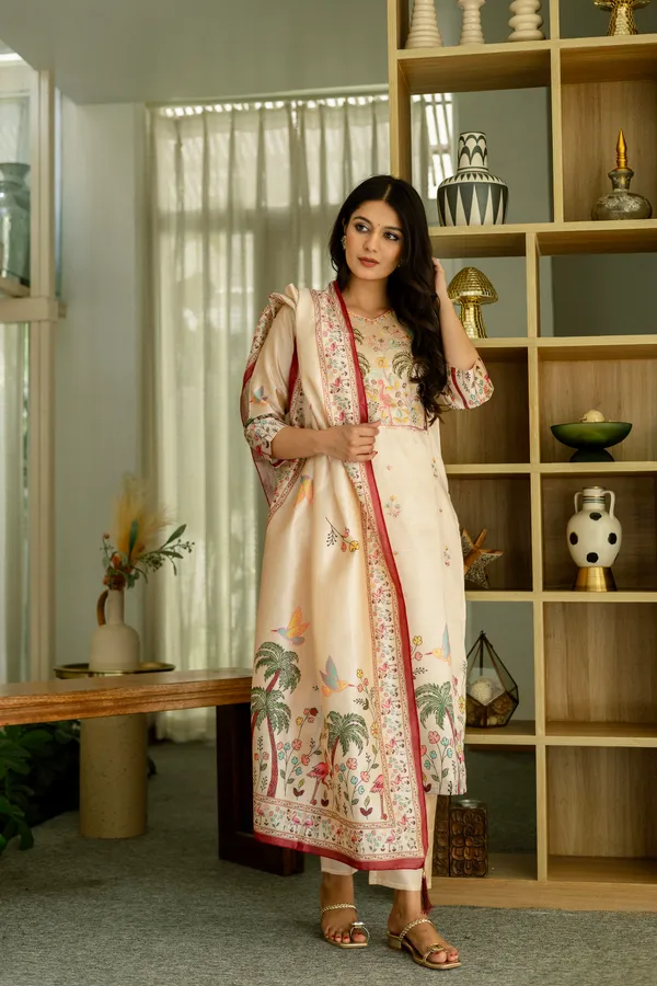 Cream_Viscose_Assam_Silk_Printed_Straight_Kurta_Set_For_Women