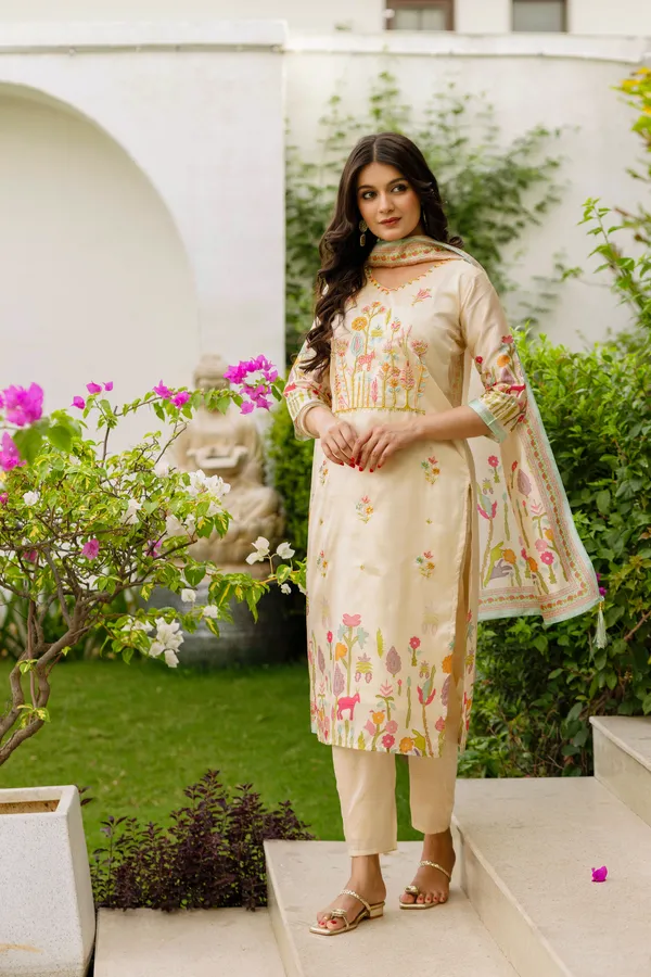Cream_Viscose_Assam_Silk_Straight_Kurta_Set_For_Women