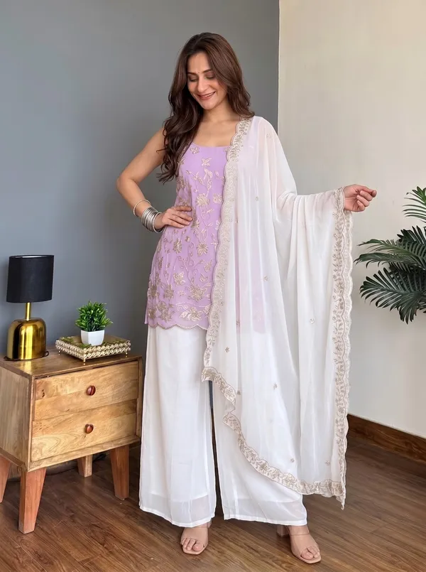 Lilac_Faux_Georgette_Embroidered_Kurta_Set_For_Women