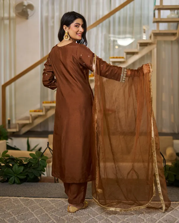Brown_Vichitra_Silk_Embroidered_Straight_Kurta_Set_For_Women