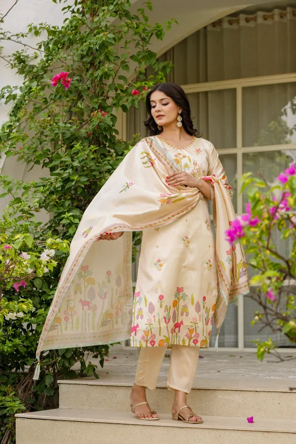 Cream_Viscose_Assam_Silk_Straight_Kurta_Set_For_Women
