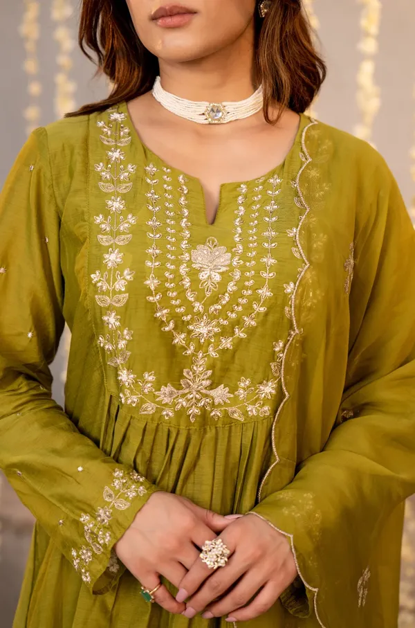 Olive_Chanderi_Silk_Embroidered_Anarkali_Kurta_Set_For_Women