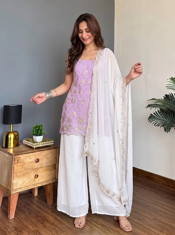 Lilac_Faux_Georgette_Embroidered_Kurta_Set_For_Women