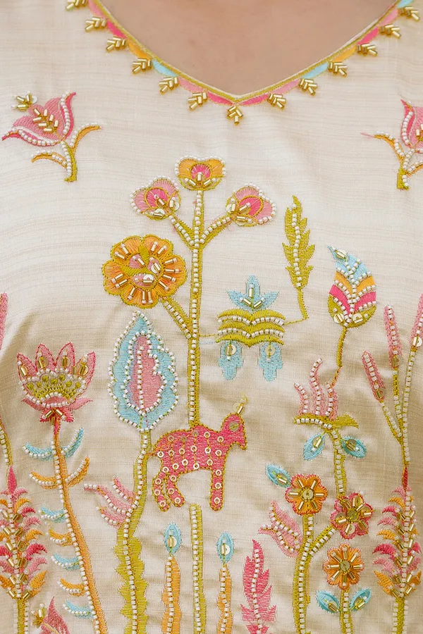 Cream_Viscose_Assam_Silk_Straight_Kurta_Set_For_Women