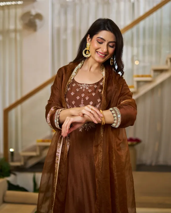 Brown_Vichitra_Silk_Embroidered_Straight_Kurta_Set_For_Women