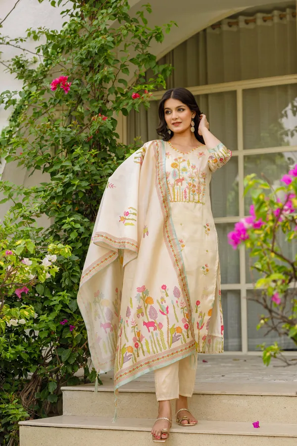 Cream_Viscose_Assam_Silk_Straight_Kurta_Set_For_Women