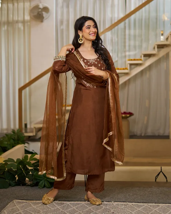 Brown_Vichitra_Silk_Embroidered_Straight_Kurta_Set_For_Women