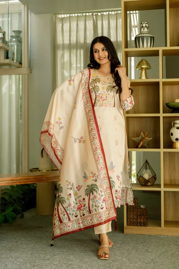 Cream_Viscose_Assam_Silk_Printed_Straight_Kurta_Set_For_Women