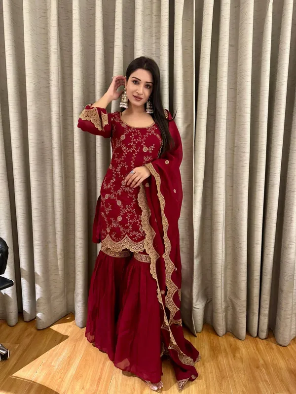 Maroon_Faux_Georgette_Embroidered_Sharara_Suit_Set_For_Women