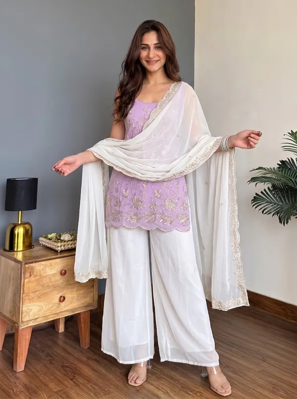 Lilac_Faux_Georgette_Embroidered_Kurta_Set_For_Women