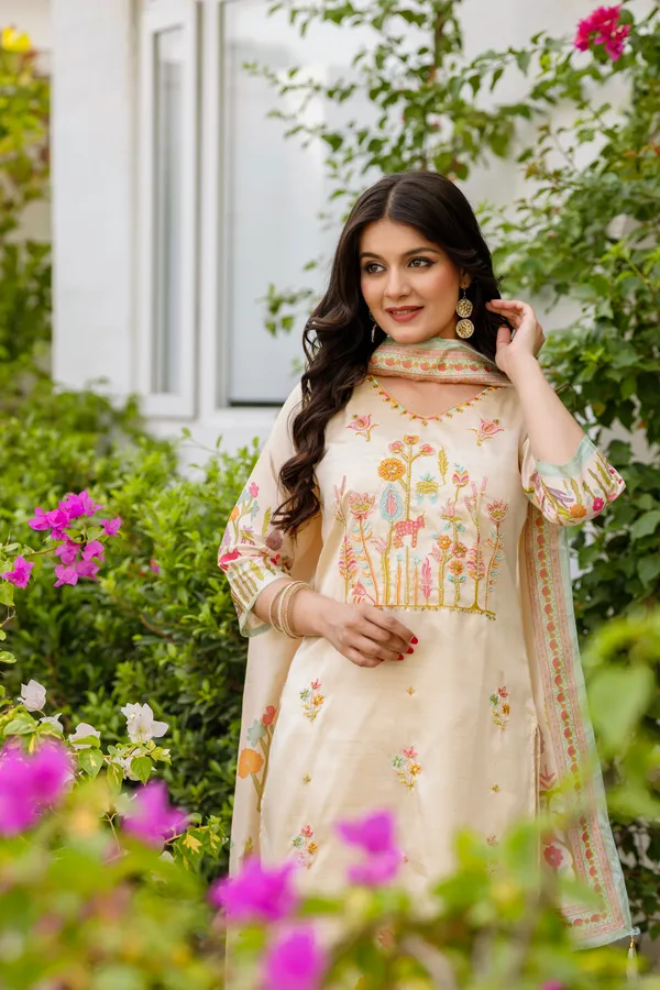 Cream_Viscose_Assam_Silk_Straight_Kurta_Set_For_Women