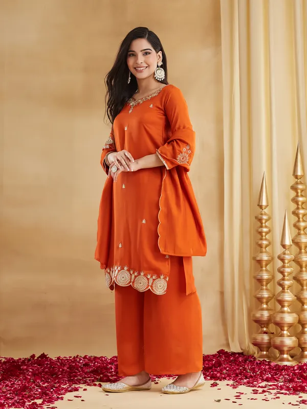 Orange_Vichitra_Silk_Embroidered_Straight_Kurta_Set_For_Women