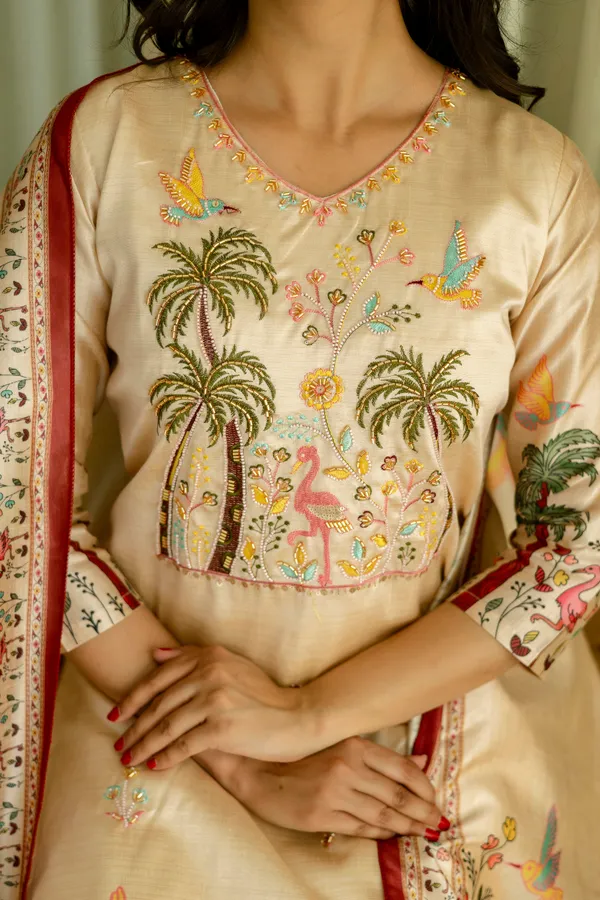 Cream_Viscose_Assam_Silk_Printed_Straight_Kurta_Set_For_Women