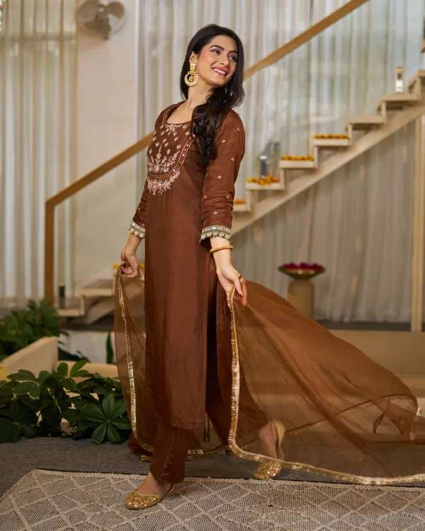 Brown_Vichitra_Silk_Embroidered_Straight_Kurta_Set_For_Women