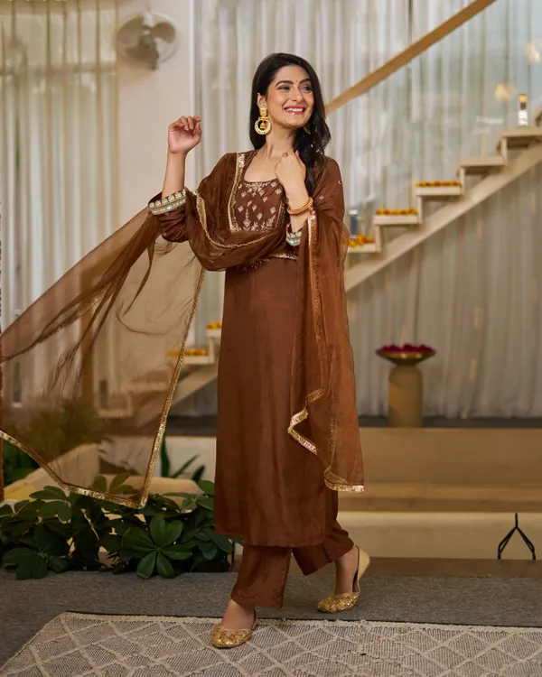 Brown_Vichitra_Silk_Embroidered_Straight_Kurta_Set_For_Women