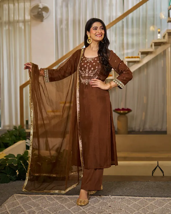 Brown_Vichitra_Silk_Embroidered_Straight_Kurta_Set_For_Women