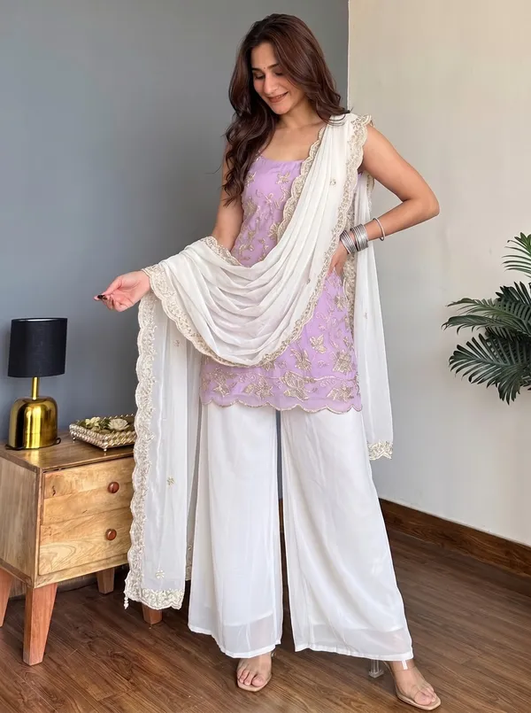 Lilac_Faux_Georgette_Embroidered_Kurta_Set_For_Women