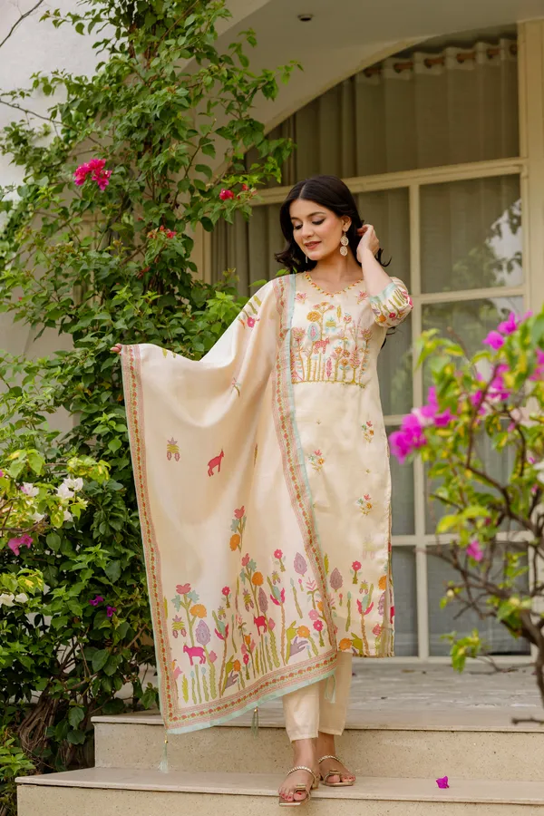 Cream_Viscose_Assam_Silk_Straight_Kurta_Set_For_Women