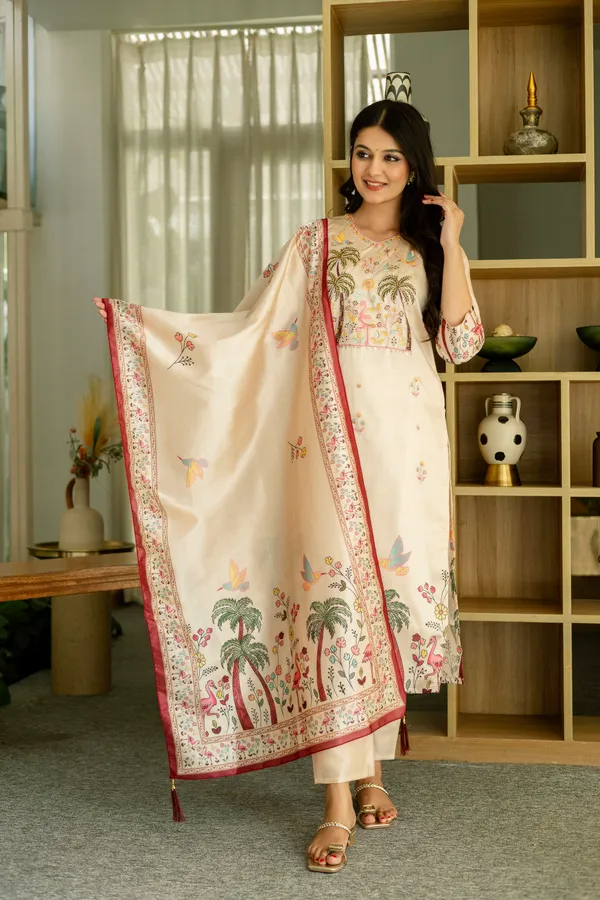 Cream_Viscose_Assam_Silk_Printed_Straight_Kurta_Set_For_Women
