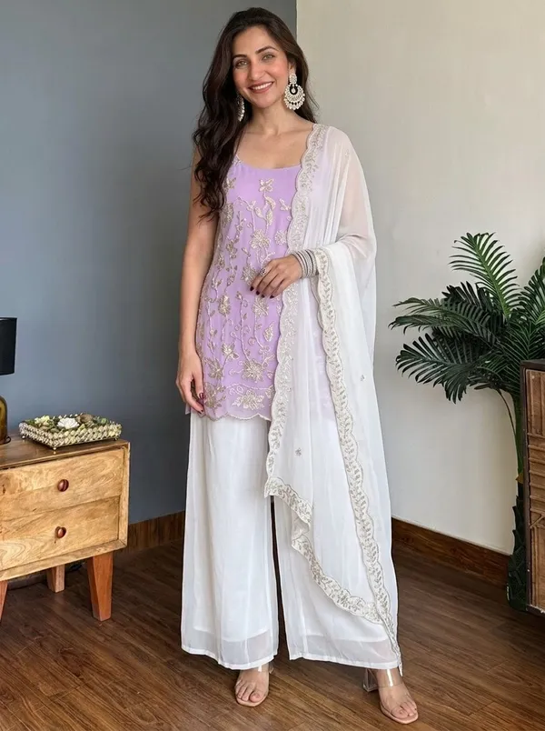 Lilac_Faux_Georgette_Embroidered_Kurta_Set_For_Women