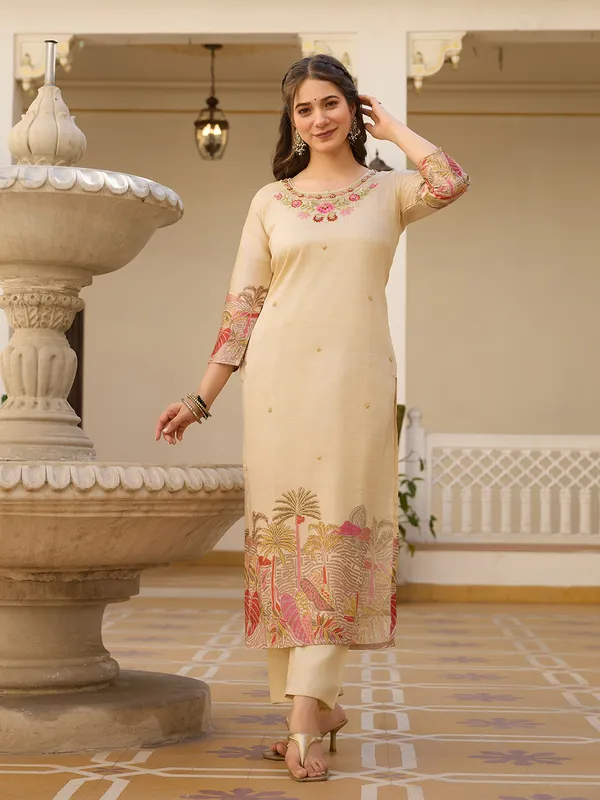 Beige_Viscose_Assam_Silk_Printed_Straight_Kurta_Set_For_Women