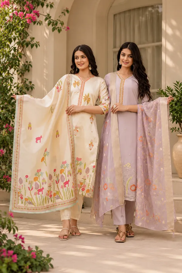 Cream_And_Lavender_Viscose_Assam_Silk_Floral_Print_Straight_Suit_Set_For_Women_Pack_Of_2