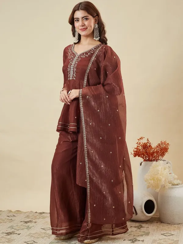 Brown_Fandy_Silk_Embroidered_Anarkali_Sharara_Set_For_Women