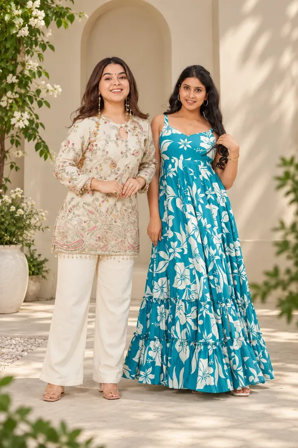 Cream_And_Teal_Heavy_Crepe_Silk_Straight_Co-Ord_Set_And_Maxi_Dress_For_Women_Pack_Of_2