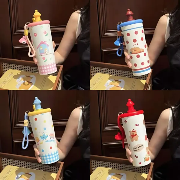 White_Printed_Kids_Water_Bottle_With_Red_Lid_Sipper